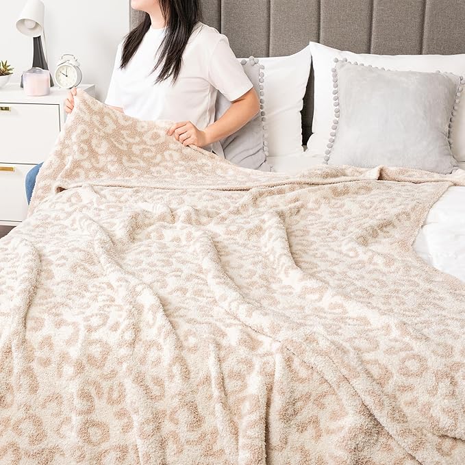 PAVILIA Super Soft Leopard Throw Blanket for Couch, Fluffy Cozy Lightweight Beige Cheetah Blanket, Fuzzy Warm Knit Blanket for Bed Sofa, Tan, 60x80