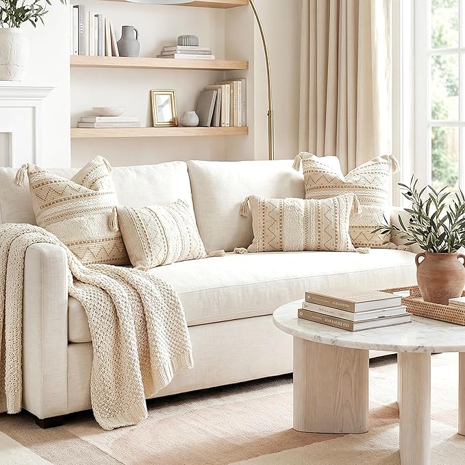 BlissBlush 12x20 Lumbar Pillow Cover, Cream Neutral Beige Rectangular Decorative Cushion Cover, Boho Accent Pillowcase with Tufted Details and Tassels for Couch Sofa Living Room (Cover Only)
