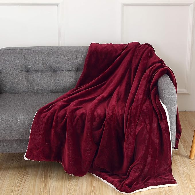 Elegant Comfort Luxury Ultra-Plush Velvet Touch Fleece Throw Soft, Warm, Cozy| Micromink Sherpa-Backing Reversible Blanket for Bed, Sofa and Couch, Solid Burgundy