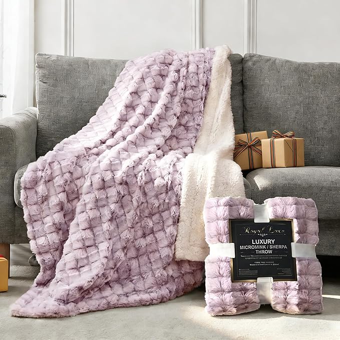 Micromink Sherpa Throw Blanket for Couch, Fluffy Plush Reversible Throw Blanket for Sofa Bed Chair Room Decor - Luxury Soft Cozy Gifts for Women, 50 x 60 Inches, Purple