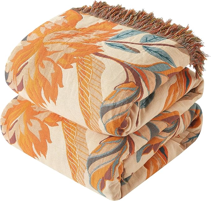 Boho Throw Blanket for Couch Sofa Bed, 100% Cotton Woven Quilt with Tassel 50”x60”, Super Soft Muslin Blanket with Floral Printed, Decorative Reversible Bed Blanket/Cover for All Seasons