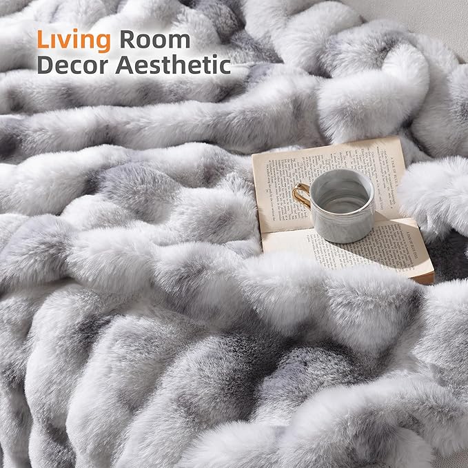 Smoofy Faux Fur Throw Blanket for Couch Rabbit Fleece - Tie-dye Grey Fluffy Blanket for Sofa Bedroom Living Room, Cozy Soft Plush Luxury Thick Winter Fuzzy Comfy Bubble Blanket - 50" x 60"