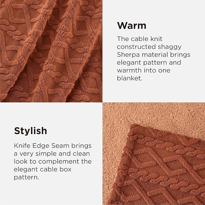 Bedsure Gentlesoft Sherpa Fleece Throw Blanket for Couch - Fluffy & Cozy Cable Jacquard Tufted Throw for Women Gift, Thick and Warm Christmas Blanket for Winter, Orange, 50x60 Inches