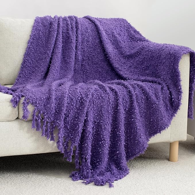 Winter Knit Throw Blanket Fluffy Fuzzy Soft Lightweight Cozy Farmhouse Tassels Chunky Knitted Throws for Couch Sofa Bed (Purple, 50"x60")