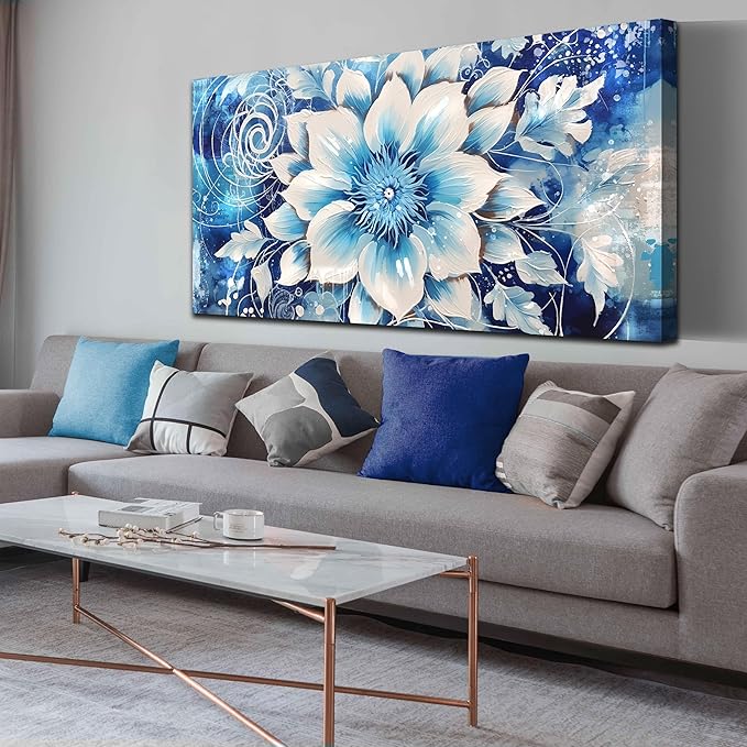 Xxliren Flower Wall Art for Living Room Large Size Office Blue Floral Wall Art Prints Ready To Hang Size 60 x 30 Inch