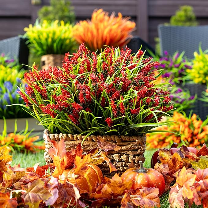 Artificial Flowers for Outdoors Plants - 20 Bundles Fake Lavender Plastic Faux Monkey Grass UV Resistant for Home Decorations (20, Red)