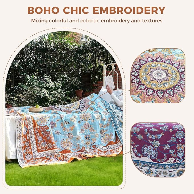 Boho Throw Blanket for Couch Sofa Chair Cotton Spring Blankets for Bedroom Living Room All Season Lightweight Reversible Floral Embroidery Decorative Throws 50"x60"