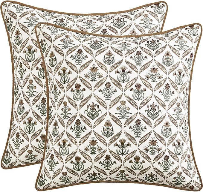 MIULEE Floral Throw Pillow Covers 20x20 Set of 2 Brown Spring Decorative Block Print Cotton Cushion Covers for Couch Living Room, Boho Modern Outdoor Sofa Vintage Garden Pillowcases Home Decor