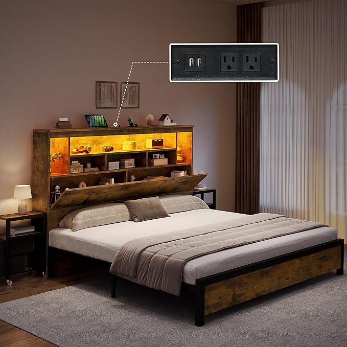 DWVO Queen Size Bed Frame with Storage Bookcase Headboard & RGB LED Lights, Slide Out Bedside Storage, Charging Station, Heavy Duty Metal Slats, No Box Spring Needed, Noise-Free, Rustic Brown