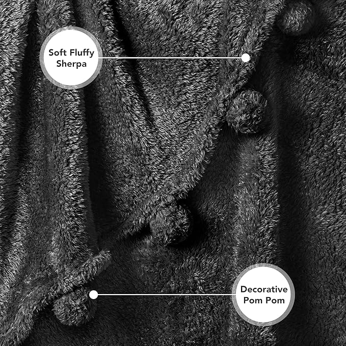 Pavilia Sherpa Throw Blanket - Warm Plush Fuzzy Pom Pom Blanket for Couch, Bed, Twin Size, Black - 60x80