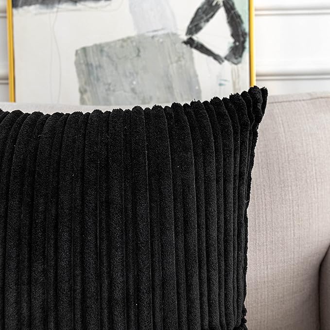 UGASA 14x20 Inch Pillow Cover Pack of 1 Soft Boho Stripe Corduroy Long Rectangular Lumbar Cushion Cover Farmhouse Decorative Throw Pillowcase for Bed, Couch, Sofa, Bedroom, Living Room, Black