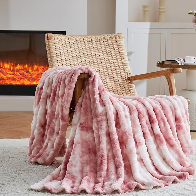 3D Bubble Plush Blanket Textured Fleece Throw Soft Warm Cozy Blanket Couch Bed Tie Dye Pink 60x80 Inches