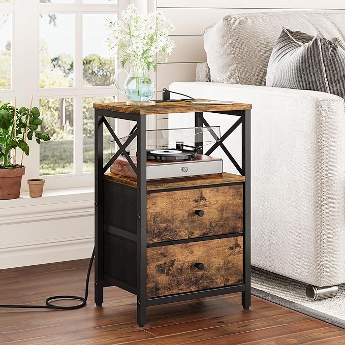 Nightstand Set of 2,Nightstands with Charging Station, Small Bedside Table with Storage, End Table with USB Ports & Outlets,with Fabric Drawers,for Couch, Bedroom(Rustic Brown) LET105R-2