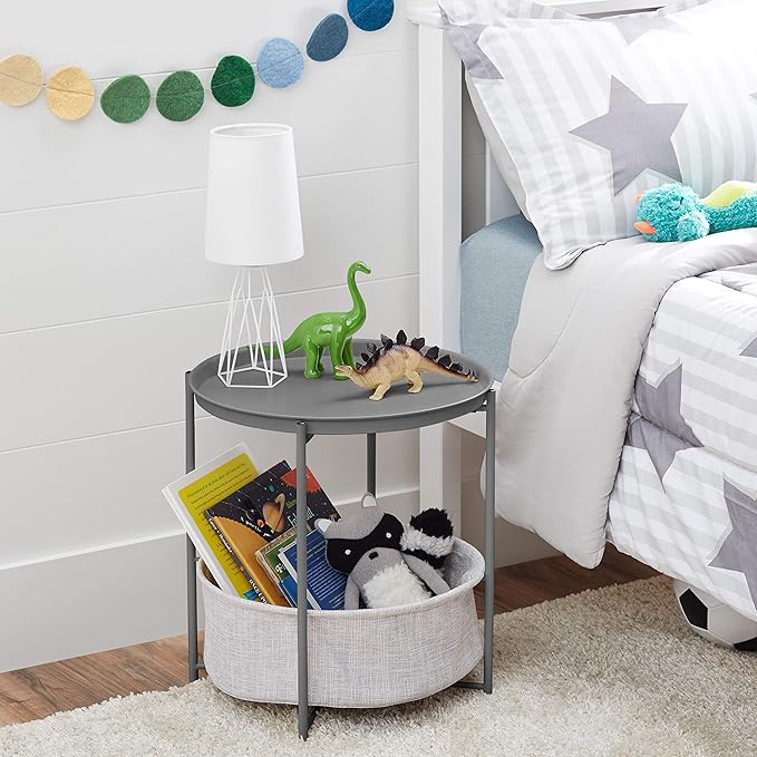 Amazon Basics Round Storage End Table, Nightstand for Bedroom or Living Room, Easy Assembly, with Cloth Basket, Charcoal/Heather Gray, 17.7 x 17.7 x 18.9 in | Side Table, with Cloth Basket, Storage