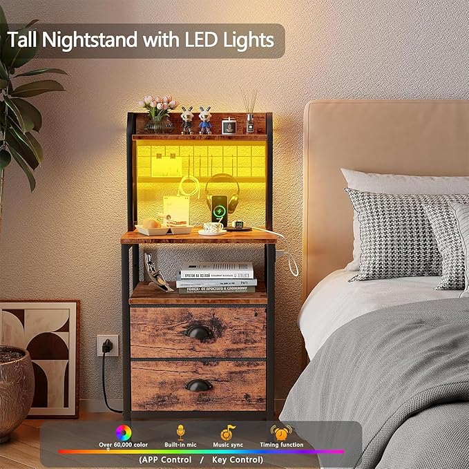 Furologee 40'' Tall Nightstand with Charging Station, Bedside Table with LED Lights, End Table with 2 Drawers and Storage Shelves, Night Stand with Pegboard for Bedroom, Rustic Brown