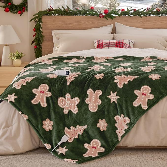 Bedsure Electric Blanket Twin - Soft Flannel Sherpa Heated Blanket with Gingerbread Pattern, for Grandma, Heating with 6 Heating Levels, 10 Time Settings, and 8-Hour Auto-Off (62"x84")