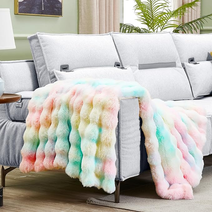 JONIYEAR Decorative Colorful Fluffy Bubble Faux Rabbit Fur Blanket Twin Size 60" x 70",Oversized Thick Warm Fuzzy Blanket for Winter,Luxe Pastel Cute Shaggy Cozy Furry Blankets for Women Girl, Rainbow