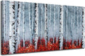 Arjun Birch Tree Wall Art White Landscape Painting Grey Canvas Forest Red Nature Panoramic Picture Rustic for Living Room Bedroom Home Office Decor, Large 48"x24"