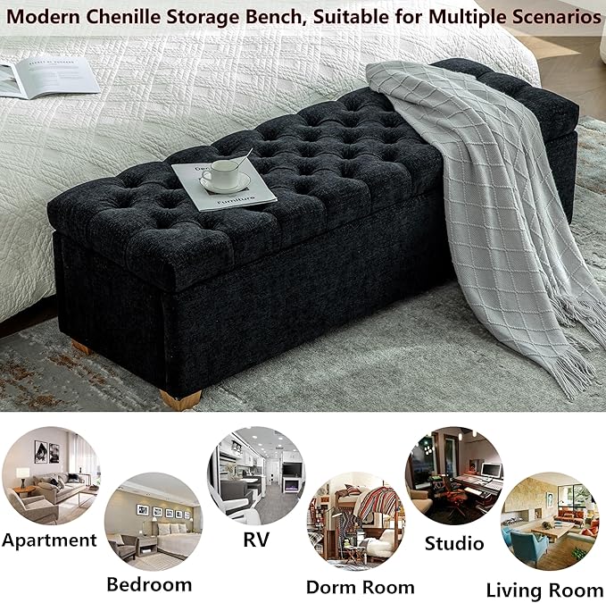 60.2" Storage Ottoman Bench for Bedroom Bed End,Chenille Bench with Seating,Button Tufted Ottomans with Storage for Living Room,Bedside,Entryway (Chenille Black, 60.2")