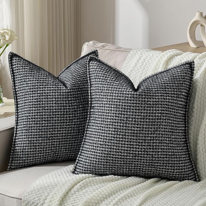 FUTEI Black Decorative Throw Pillow Covers 24x24 Inch Set of 2,Soft Houndstooth Gingham Textured European Cushion Case,Modern Home Decor for Couch Bed Living Room