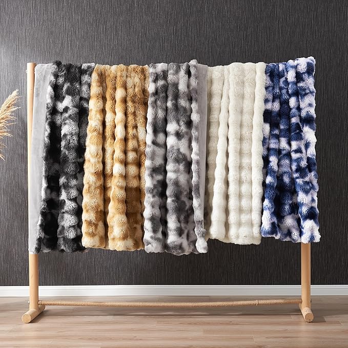Amélie Home Faux Fur Throw Blanket for Couch, Ultra Soft Fuzzy Plush Bubble Throw for Sofa, Living Room & Home Decor, 50"x60", Tie-dye Blue