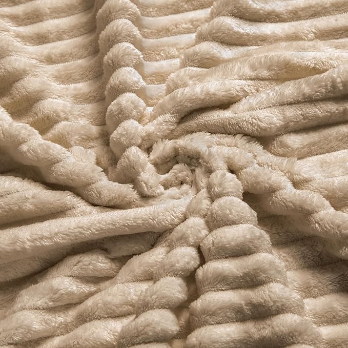 Vessia Flannel Fleece Throw Blanket for Couch,Sofa,Bed, 300GSM Striped Camel Blanket Throw for Adults and Kids, Super Soft Warm Cozy Lightweight Ribbed Light Brown Blanket for All-Season