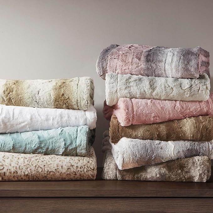 Madison Park Zuri Soft Plush Luxury Oversized Faux Fur Throw Animal Stripes Design, Faux Mink On The Reverse, Modern All Seasons Blanket for Bed, Sofa Couch, Office, Tan, 96x80"