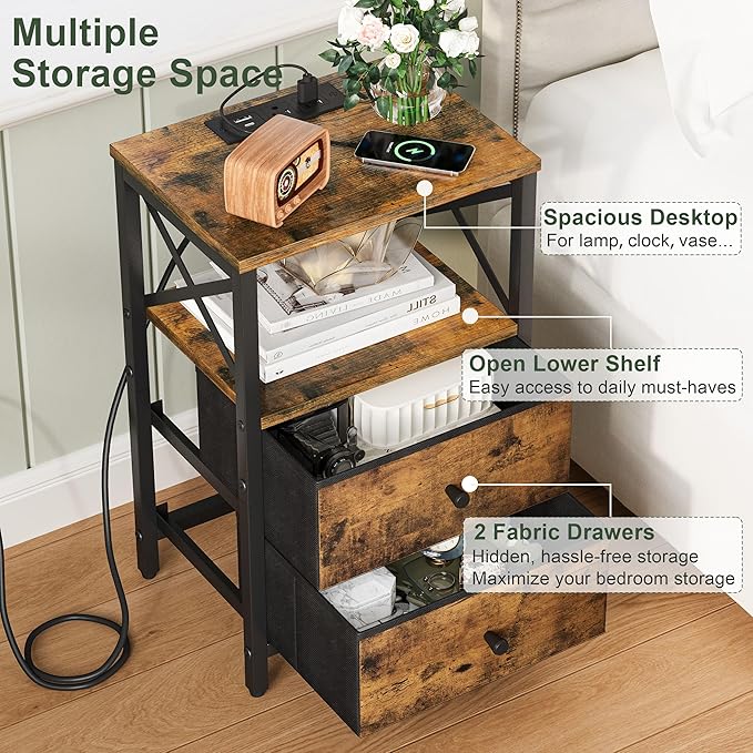 Nightstand Set of 2,Nightstands with Charging Station, Small Bedside Table with Storage, End Table with USB Ports & Outlets,with Fabric Drawers,for Couch, Bedroom(Rustic Brown) LET105R-2