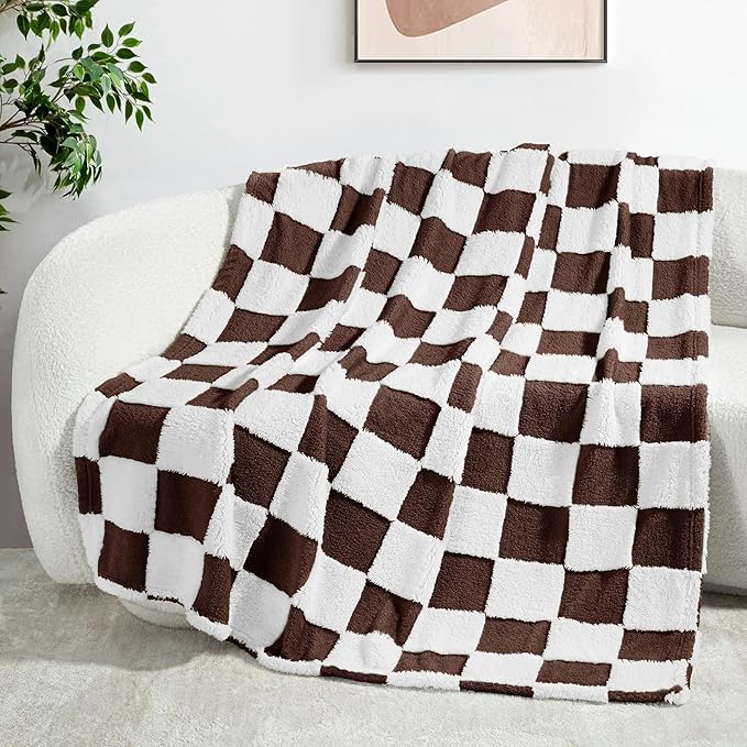 Exclusivo Mezcla Fleece Blanket Queen, Cozy Lightweight Fuzzy Checkered Blanket for Bed, Suitable for All Seasons, Coffee, 90" x 90"