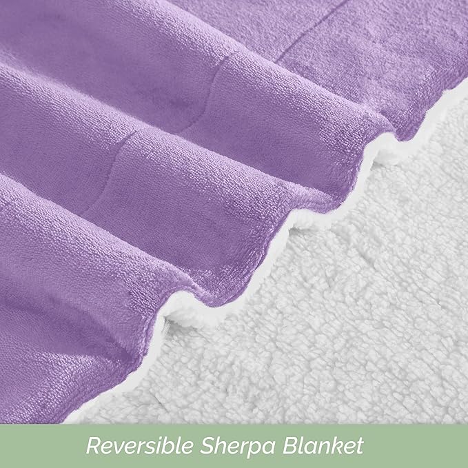 Elegant Comfort Ultra Soft Reversible Flannel Sherpa Blanket - Cozy Silky Fleece Throw for Couch, Bed - Plush Fuzzy Warm Winter Blanket for Gift, King, Lilac
