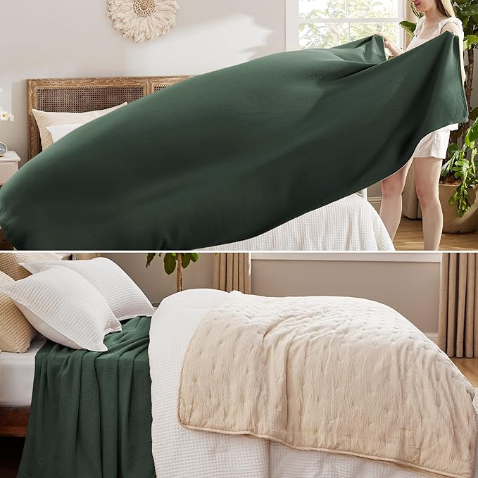 Bedsure 100% Cotton Large Blanket Oversized King for Bed 120x94 inches - Breathable Soft Cozy Herringbone Woven Blanket for Summer, Couch Cover, Dark Green
