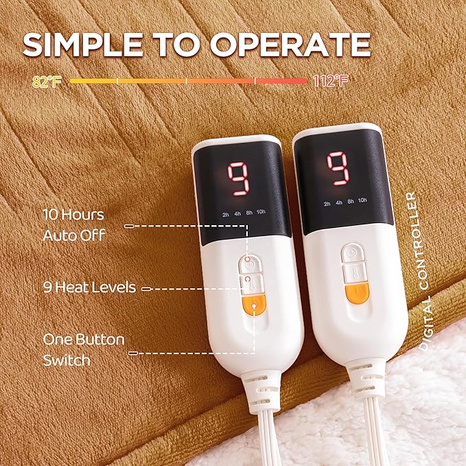 Heated Blanket Queen Size - Dual Controllers Electric Blanket Queen with 9 Heat Settings & 10 Hour Auto Off,Overheat Protection,Machine Washable 84"x90"(Cocoa Brown)