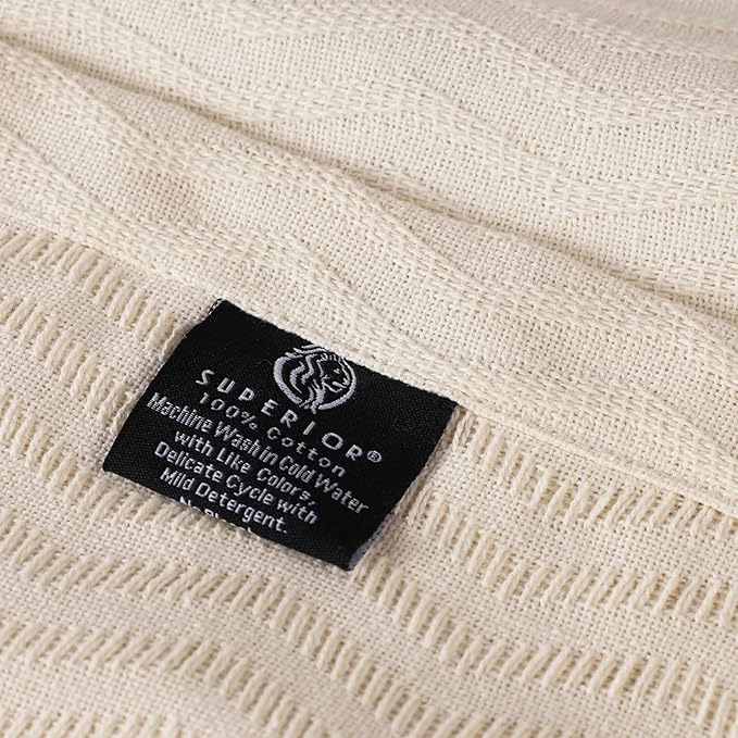 Superior JENA Cotton Blanket, for Picnic, Beach, Traveling or Camping, Bedroom Decor, Essentials, Cover for Bed, Couch, Lounging, Textured Jacquard, Modern Chevron Woven Blanket, Full/Queen, Ivory