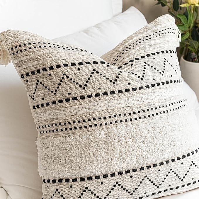 BlissBlush Decorative Throw Pillow Covers 20x20 Combo Set of 2 Square Boho Black Neutral Accent Pillowcase Tassels Farmhouse Cushion for Couch Sofa Bedroom Living Room Home Décor Cover ONLY