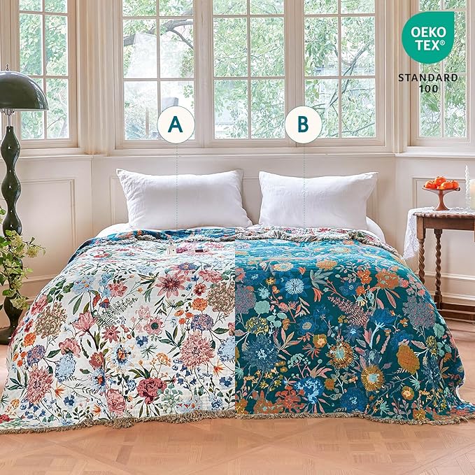 Boho Throw Blanket - 100% Cotton Ultra Soft Muslin Blanket, 50"x60" Lightweight Floral Framhouse Bedding Spring Blanket for Bed, All Season Blue Bohemian Bedroom Home Decor Quilt