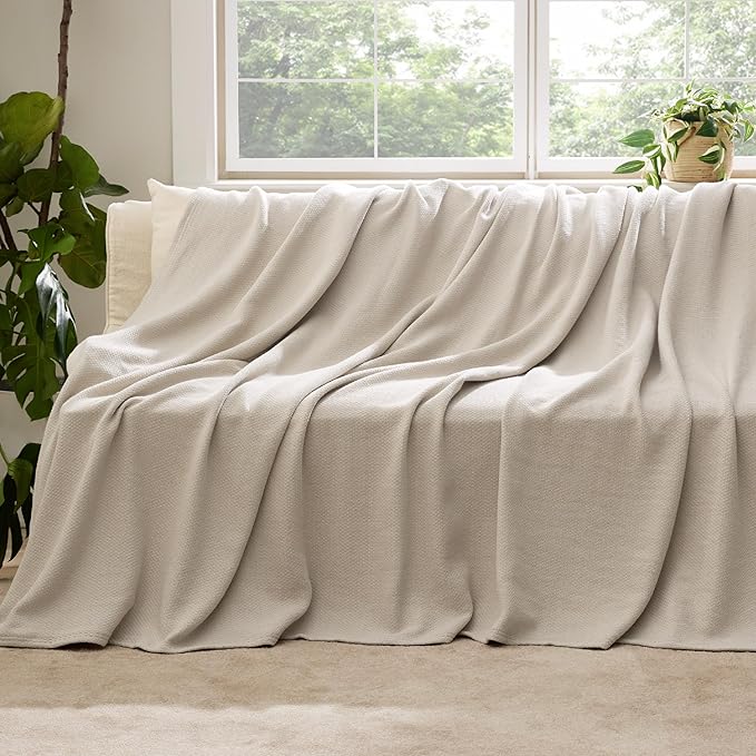 Bedsure GentleSoft 100% Cotton Blanket Twin XL Size for Bed - Breathable and Lightweight, Soft Cozy Textured Herringbone Woven Summer Blanket for College Dorm, Linen Beige, 66x90 inches