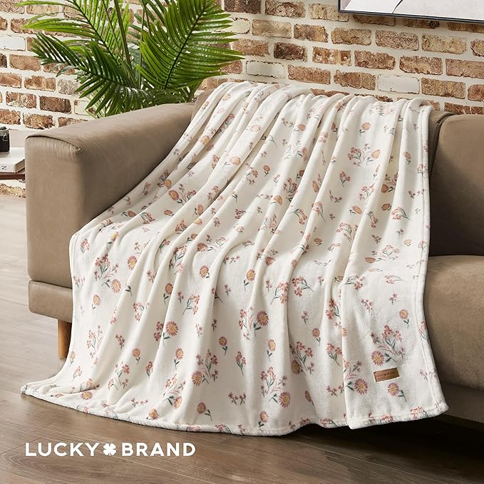 Lucky Brand Daisy Ivory Floral 50"X70" Cozy Plush Blanket - Premium Microfiber Throw for Luxurious Comfort and Style