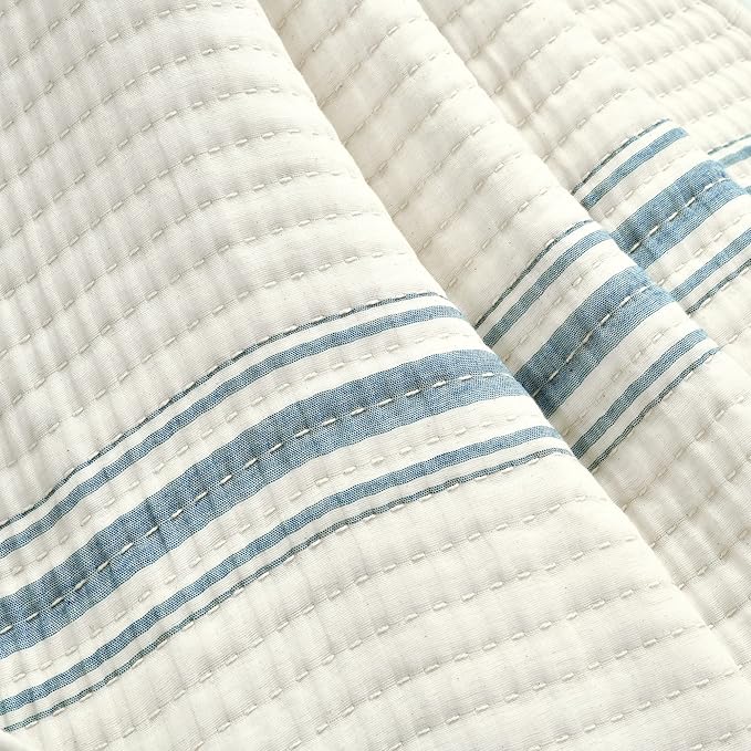 Lush Decor Farmhouse Stripe Kantha Pick Stich Yarn Dyed Cotton Woven Throw Reversible Ticking Pinstripe Design Blanket, 50" x 60", Blue