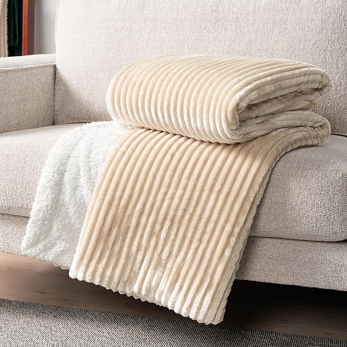 PAVILIA Beige Sherpa Fleece Throw Blanket for Couch, Soft Plush Fuzzy Blankets, Fluffy Flannel Sherpa Blanket for Sofa, Warm 3D Ribbed Winter Blanket Gift, 50x60 inches