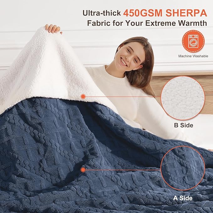 Heated Throw Blanket 50"x60" with 5 Heating Levels & 4 Hours Auto Off, Soft & Plush Sherpa Electric Blanket Throw with ETL & FCC Certification for Home Use, Machine Washable, Great Gift, Navy Blue