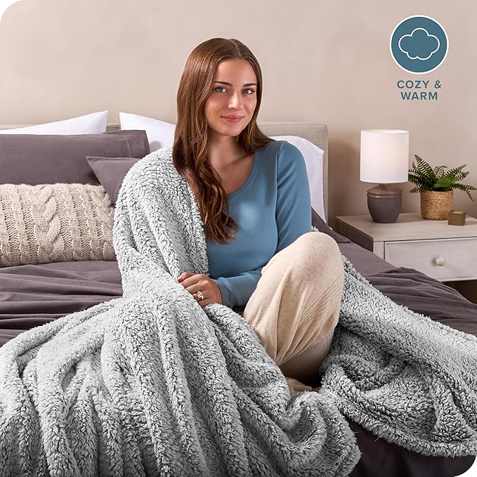 Bare Home Faux Shearling Blanket - Full/Queen Size - Blanket for Bed, Sofa, Couch, Camping, Travel, and Gifts - Warm & Lightweight - Fluffy & Soft (Full/Queen, Tipped Grey)