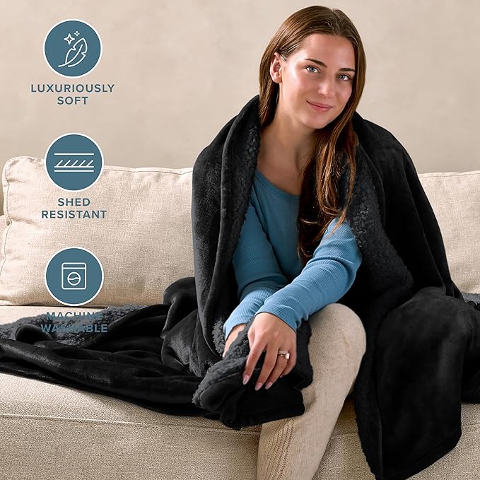 Bare Home Sherpa Fleece Blanket - Twin/Twin Extra Long - Blanket for Bed, Sofa, and Couch - Warm & Lightweight - Fluffy & Soft - Reversible (Twin/Twin XL, Black with Black Sherpa)