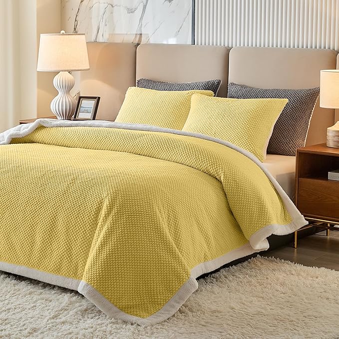 Luxury Flannel Fleece Sherpa Blankets Twin Size for Bed, Jacquard Boho 3-Layer Thick and Warm Blanket for Winter, Soft Cozy Fuzzy Plush Velvet Blanket with 2 Pillow Cases, Yellow, 68x86 Inches