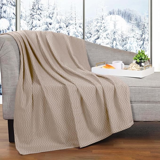 Superior JENA Cotton Blanket, for Picnic, Beach, Traveling or Camping, Bedroom Decor, Essentials, Cover for Bed, Couch, Lounging, Textured Jacquard, Modern Chevron Woven Blanket, Full/Queen, Khaki