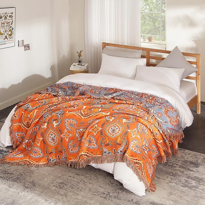 Boho Throw Blanket for Bed 90”x98”, 100% Cotton Woven Blanket for Couch Sofa, Ultra Soft 4-Layer Muslin Quilt with Floral Printed, Farmhouse Bed Blanket/Cover for Living Room Decor