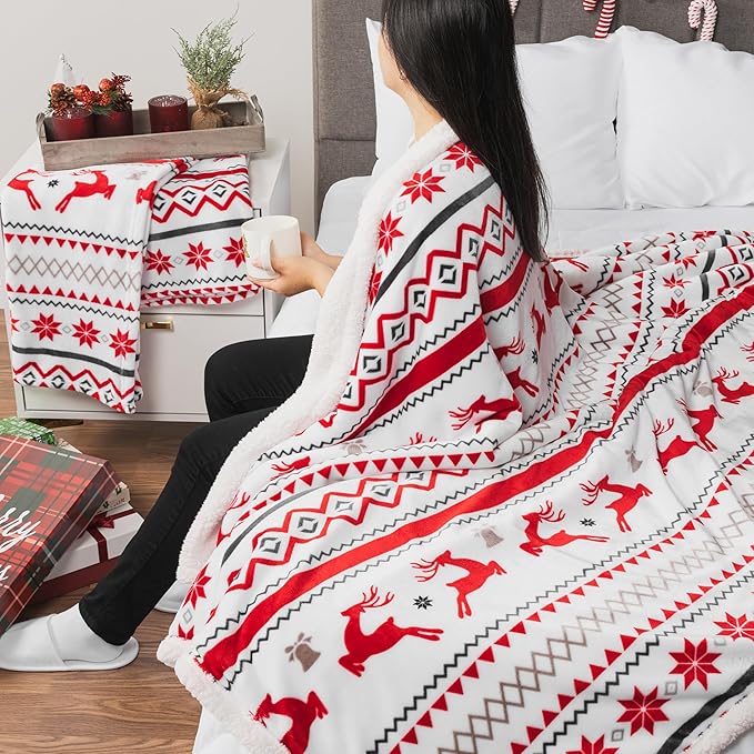 PAVILIA Red White Snowflake Reindeer Christmas Sherpa Throw Blanket, Soft Reversible Fleece Sherpa 50x60 Winter Blanket for Couch & Bed, Christmas Decor