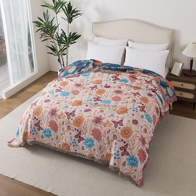 Boho Throw Blanket Queen Size, Soft Cozy Cotton Muslin Quilt Blanket for Bed Decor, Floral Patterned Couch Sofa Chair Cover, Vintage Farmhouse Cottage Tapestry Woven Blanket, Coral&Green