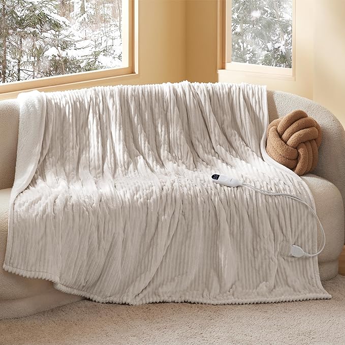 Bedsure GentleSoft Electric Blanket Twin - Soft Ribbed Flannel Heated Blanket, Heating with 10 Time Settings, 6 Heat Settings, and 8 hrs Timer Auto Shut Off, Gifts for Grandma (62x84 inches, Cream)