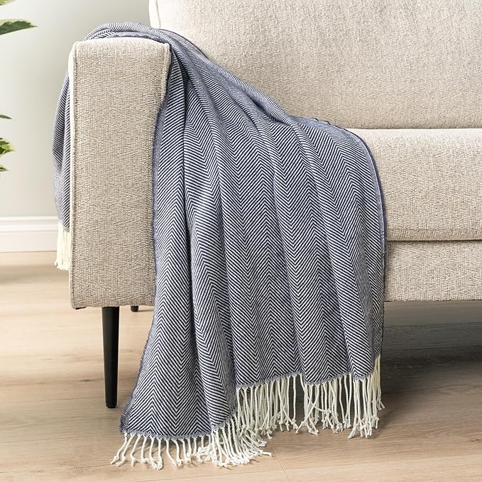 PAVILIA Herringbone Blanket Throw with Fringe,Faux Cashmere Knitted Throw with Tassels for Couch Bed,Decorative Farmhouse Soft Lightweight Plush Fuzzy Cozy,50x60,Herringbone - Navy Blue