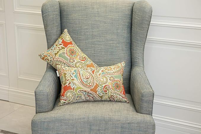 Mika Home Pack of 2 Oblong Rectangular Throw Pillow Cover Cushion Cases for Sofa Couch Chair,Paisley Pattern,12x20 Inches,Red Teal Cream Multicolor